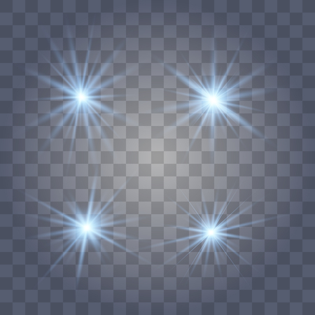 Set of blue of bright beautiful stars. Light effect Bright Star. Beautiful light for illustration. Christmas star. Vector sparkles on transparent background.White glowing lightのイラスト素材