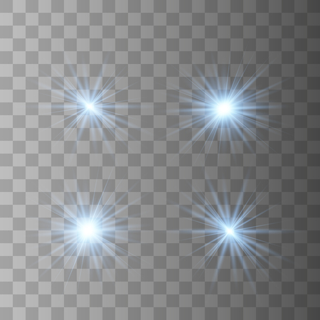Set of blue of bright beautiful stars. Light effect Bright Star. Beautiful light for illustration. Christmas star. Vector sparkles on transparent background.White glowing lightのイラスト素材