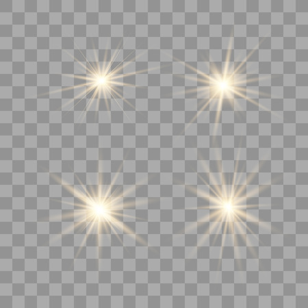 Set of gold of bright beautiful stars. Light effect Bright Star. Beautiful light for illustration. Christmas star. Vector sparkles on transparent background.White glowing lightのイラスト素材