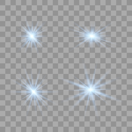 Set of blue of bright beautiful stars. Light effect Bright Star. Beautiful light for illustration. Christmas star. Vector sparkles on transparent background.White glowing lightのイラスト素材