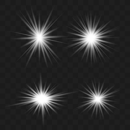 Set white of bright beautiful stars. Light effect Bright Star. Beautiful light for illustration. Christmas star. Vector sparkles on transparent background.White glowing lightのイラスト素材