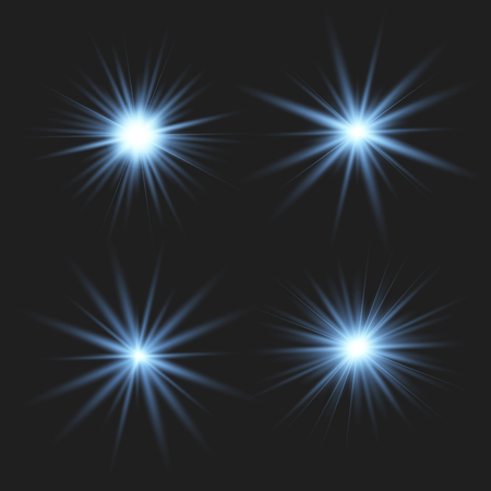 Set of blue of bright beautiful stars. Light effect Bright Star. Beautiful light for illustration. Christmas star. Vector sparkles on transparent background.White glowing lightのイラスト素材