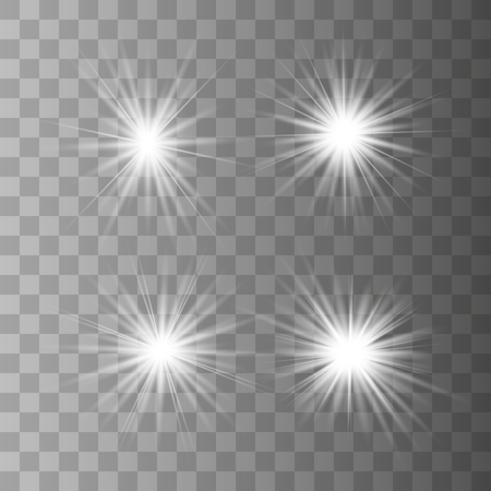 Set white of bright beautiful stars. Light effect Bright Star. Beautiful light for illustration. Christmas star. Vector sparkles on transparent background.White glowing lightのイラスト素材