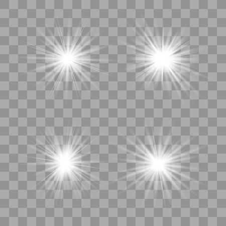 Set white of bright beautiful stars. Light effect Bright Star. Beautiful light for illustration. Christmas star. Vector sparkles on transparent background.White glowing lightのイラスト素材
