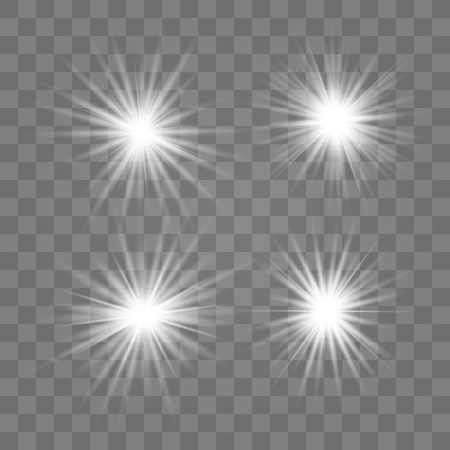 Set white of bright beautiful stars. Light effect Bright Star. Beautiful light for illustration. Christmas star. Vector sparkles on transparent background.White glowing lightのイラスト素材