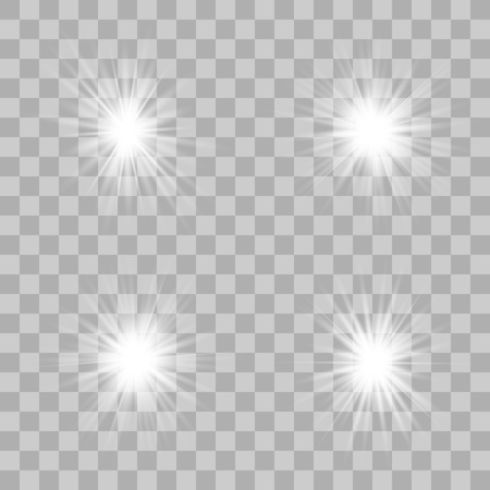Set white of bright beautiful stars. Light effect Bright Star. Beautiful light for illustration. Christmas star. Vector sparkles on transparent background.White glowing lightのイラスト素材