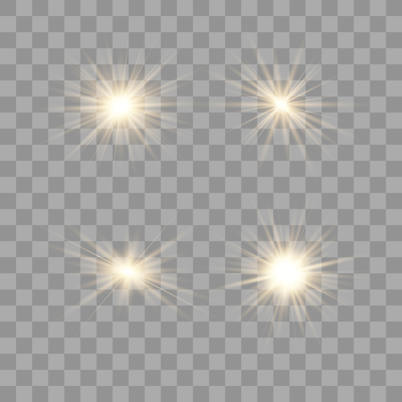 Set of gold of bright beautiful stars. Light effect Bright Star. Beautiful light for illustration. Christmas star. Vector sparkles on transparent background.White glowing lightのイラスト素材
