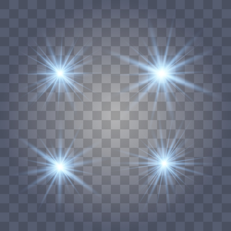 Set of blue of bright beautiful stars. Light effect Bright Star. Beautiful light for illustration. Christmas star. Vector sparkles on transparent background.White glowing lightのイラスト素材