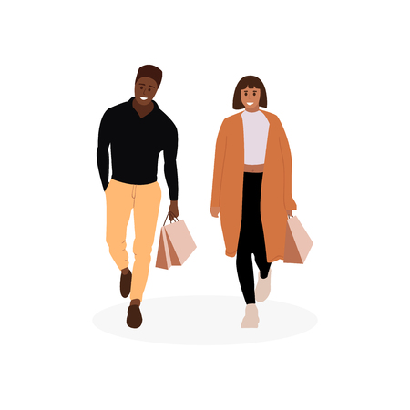 Man and woman with bags. Shopping concept. People after shopping.のイラスト素材