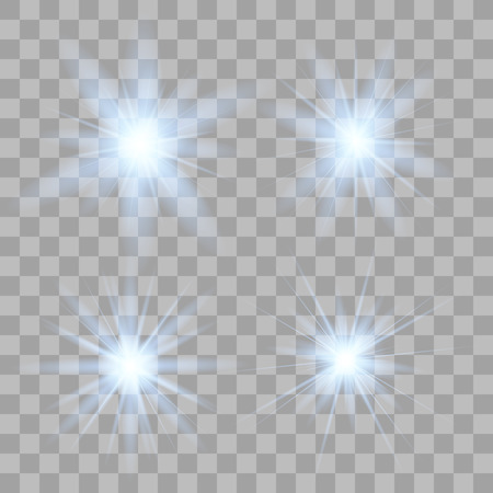 Blue glowing light set explodes on a transparent background. Sparkling magical dust particles. Bright Star. Transparent shining sun, bright flash. Vector sparkles. To center a bright flash.のイラスト素材