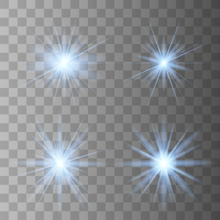 Blue glowing light set explodes on a transparent background. Sparkling magical dust particles. Bright Star. Transparent shining sun, bright flash. Vector sparkles. To center a bright flash.のイラスト素材