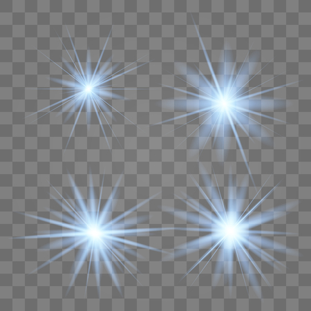 Blue glowing light set explodes on a transparent background. Sparkling magical dust particles. Bright Star. Transparent shining sun, bright flash. Vector sparkles. To center a bright flash.のイラスト素材