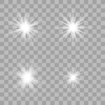 White glowing light set explodes on a transparent background. Sparkling magical dust particles. Bright Star. Transparent shining sun, bright flash. Vector sparkles. To center a bright flash.のイラスト素材