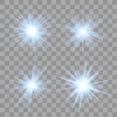 Blue glowing light set explodes on a transparent background. Sparkling magical dust particles. Bright Star. Transparent shining sun, bright flash. Vector sparkles. To center a bright flash.のイラスト素材
