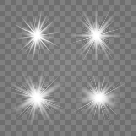 White glowing light set explodes on a transparent background. Sparkling magical dust particles. Bright Star. Transparent shining sun, bright flash. Vector sparkles. To center a bright flash.のイラスト素材