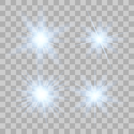 Blue glowing light set explodes on a transparent background. Sparkling magical dust particles. Bright Star. Transparent shining sun, bright flash. Vector sparkles. To center a bright flash.のイラスト素材
