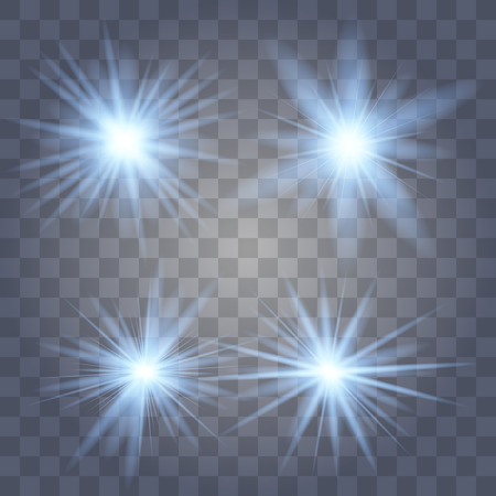 Blue glowing light set explodes on a transparent background. Sparkling magical dust particles. Bright Star. Transparent shining sun, bright flash. Vector sparkles. To center a bright flash.のイラスト素材