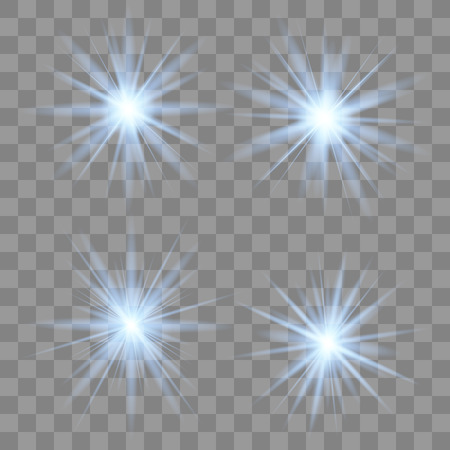 Blue glowing light set explodes on a transparent background. Sparkling magical dust particles. Bright Star. Transparent shining sun, bright flash. Vector sparkles. To center a bright flash.のイラスト素材
