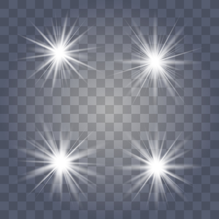 White glowing light set explodes on a transparent background. Sparkling magical dust particles. Bright Star. Transparent shining sun, bright flash. Vector sparkles. To center a bright flash.のイラスト素材