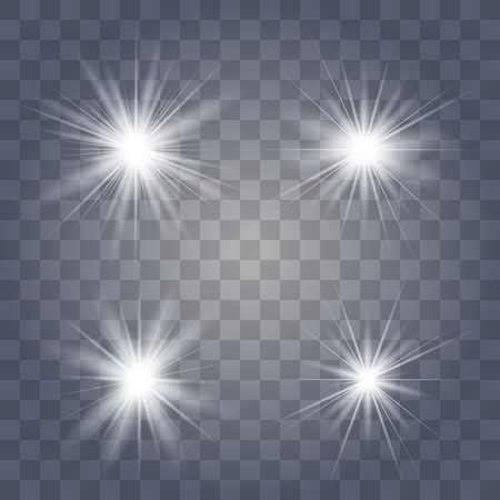 White glowing light set explodes on a transparent background. Sparkling magical dust particles. Bright Star. Transparent shining sun, bright flash. Vector sparkles. To center a bright flash.のイラスト素材