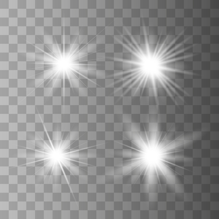 White glowing light set explodes on a transparent background. Sparkling magical dust particles. Bright Star. Transparent shining sun, bright flash. Vector sparkles. To center a bright flash.のイラスト素材