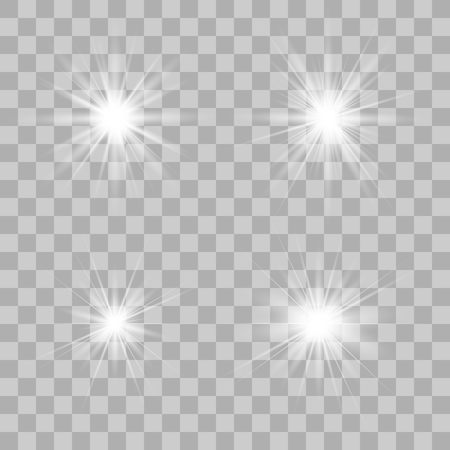 White glowing light set explodes on a transparent background. Sparkling magical dust particles. Bright Star. Transparent shining sun, bright flash. Vector sparkles. To center a bright flash.のイラスト素材
