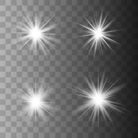 White glowing light set explodes on a transparent background. Sparkling magical dust particles. Bright Star. Transparent shining sun, bright flash. Vector sparkles. To center a bright flash.のイラスト素材