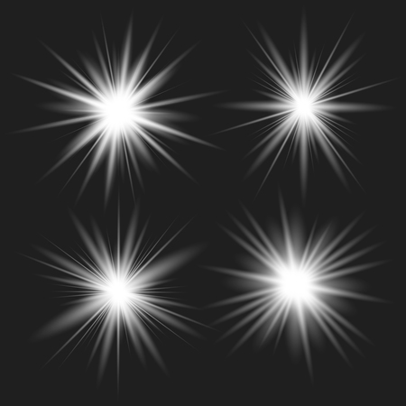 White glowing light set explodes on a transparent background. Sparkling magical dust particles. Bright Star. Transparent shining sun, bright flash. Vector sparkles. To center a bright flash.のイラスト素材