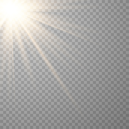 Vector transparent sunlight special lens flash light effect.front sun lens flash. Vector blur in the light of radiance. Horizontal stellar rays and searchlight.のイラスト素材