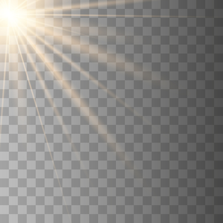 Vector transparent sunlight special lens flash light effect.front sun lens flash. Vector blur in the light of radiance. Horizontal stellar rays and searchlight.のイラスト素材