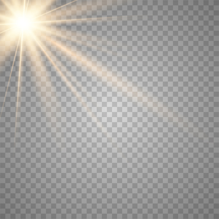 Vector transparent sunlight special lens flash light effect.front sun lens flash. Vector blur in the light of radiance. Horizontal stellar rays and searchlight.のイラスト素材