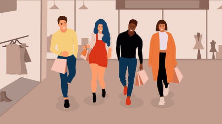 Happy shopping people with fashion shop interior. Vector background.のイラスト素材