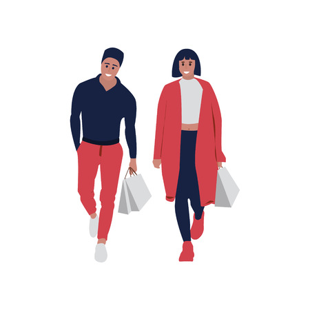 Shopping people. Man and woman with bags. Vector illustrationのイラスト素材