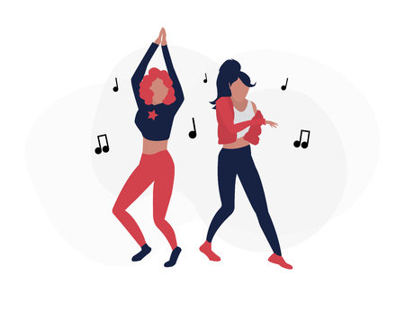 Dancing people. Two girls dancing. Vector flat illustrationのイラスト素材