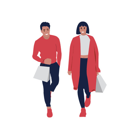 Happy shopping people with fashion shop interior. Vector background.のイラスト素材