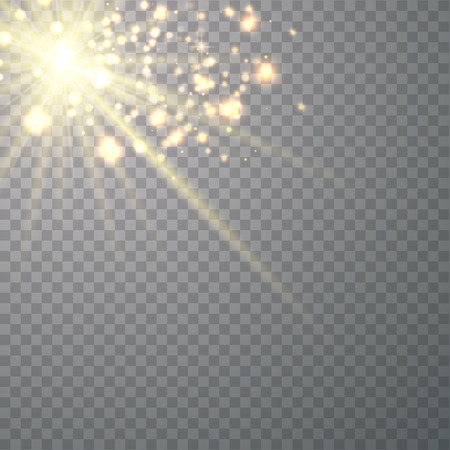 Vector transparent sunlight special lens flash light effect.front sun lens flash. Vector blur in the light of radiance. Element of decor. Horizontal stellar rays and searchlight.のイラスト素材