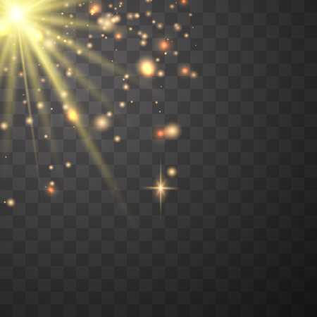 Vector transparent sunlight special lens flash light effect.front sun lens flash. Vector blur in the light of radiance. Element of decor. Horizontal stellar rays and searchlight.のイラスト素材