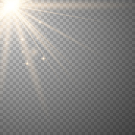 Vector transparent sunlight special lens flash light effect.front sun lens flash. Vector blur in the light of radiance. Element of decor. Horizontal stellar rays and searchlight.のイラスト素材
