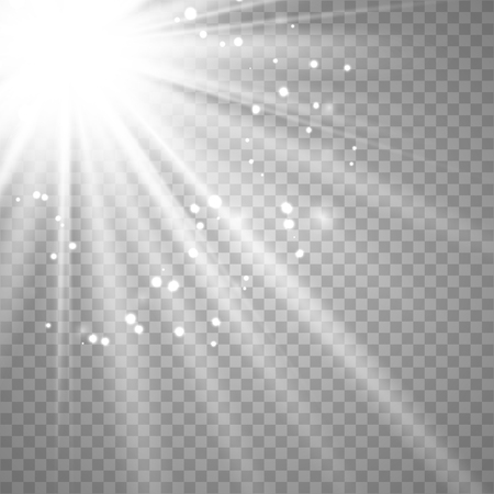 White glowing light explodes on a transparent background. Sparkling magical dust particles. Bright Star. Transparent shining sun, bright flash. Vector sparkles. To center a bright flash.のイラスト素材