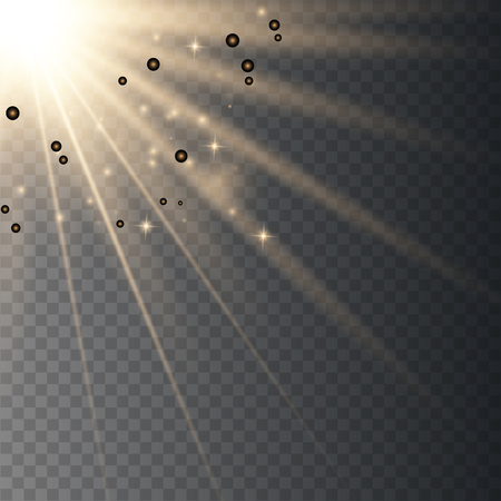 Vector transparent sunlight special lens flash light effect.front sun lens flash. Vector blur in the light of radiance. Element of decor. Horizontal stellar rays and searchlight.のイラスト素材