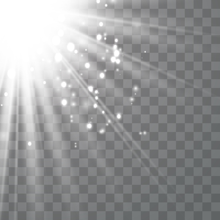 White glowing light explodes on a transparent background. Sparkling magical dust particles. Bright Star. Transparent shining sun, bright flash. Vector sparkles. To center a bright flash.のイラスト素材