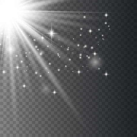 White glowing light explodes on a transparent background. Sparkling magical dust particles. Bright Star. Transparent shining sun, bright flash. Vector sparkles. To center a bright flash.のイラスト素材