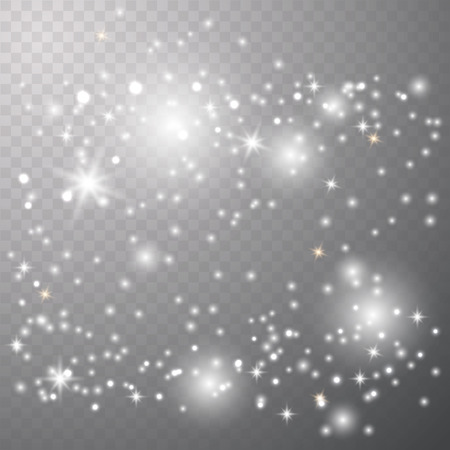 Dust white. White sparks and golden stars shine with special light. Star dust sparks in explosion on transparent. Vector gold glitter particles background effect for luxury greeting rich card.のイラスト素材