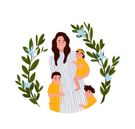 Mothers day vector illustration. Happy mom with kids. Vector character design.のイラスト素材