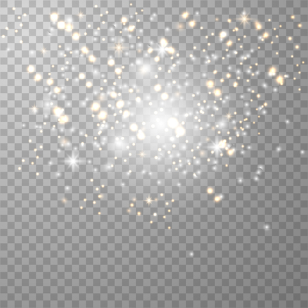 Dust white. White sparks and golden stars shine with special light. Star dust sparks in explosion on transparent. Vector gold glitter particles background effect for luxury greeting rich card.のイラスト素材