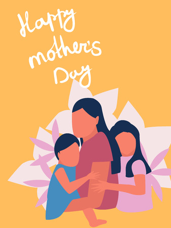 Mothers day greeting card, vector illustration in flat style. Mom with her kids.のイラスト素材
