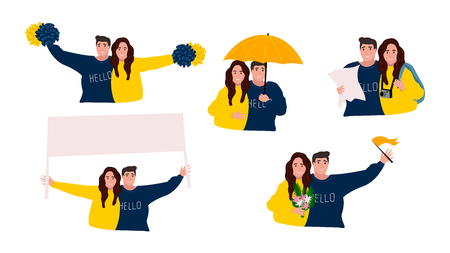 Friends spending time together. Friendship concept. People having a fun. Vector illustration in flat cartoon style. Sport Fan Uniform.のイラスト素材