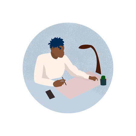 Office workplace. Man working in the office with computer. Vector iconのイラスト素材