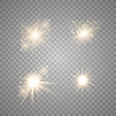 Set of golden glowing lights effects. Sens flare, explosion, glitter, line, sun flash, spark and starsのイラスト素材