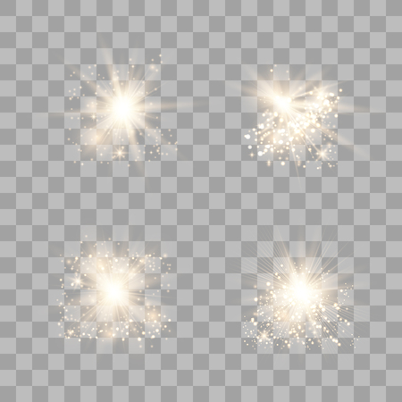Set of golden glowing lights effects. Sens flare, explosion, glitter, line, sun flash, spark and starsのイラスト素材